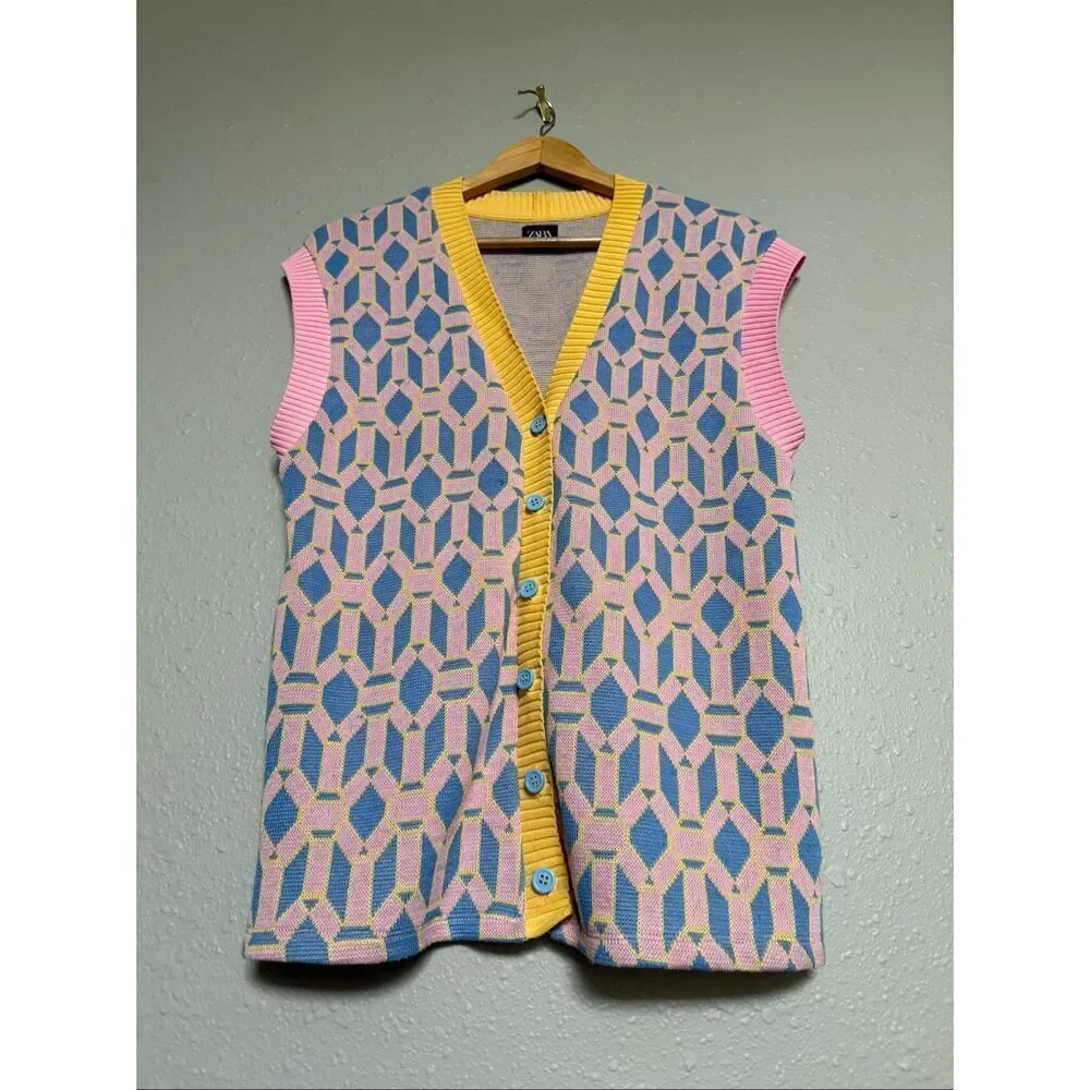 Zara Colorful Geometric Knit Button Sweater Vest Women Small